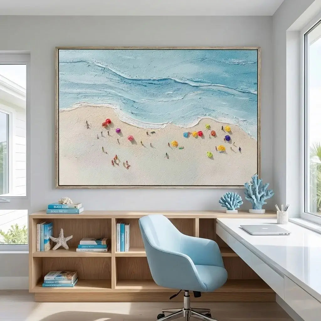 Modern home office with a beach-themed painting, desk, and chair.