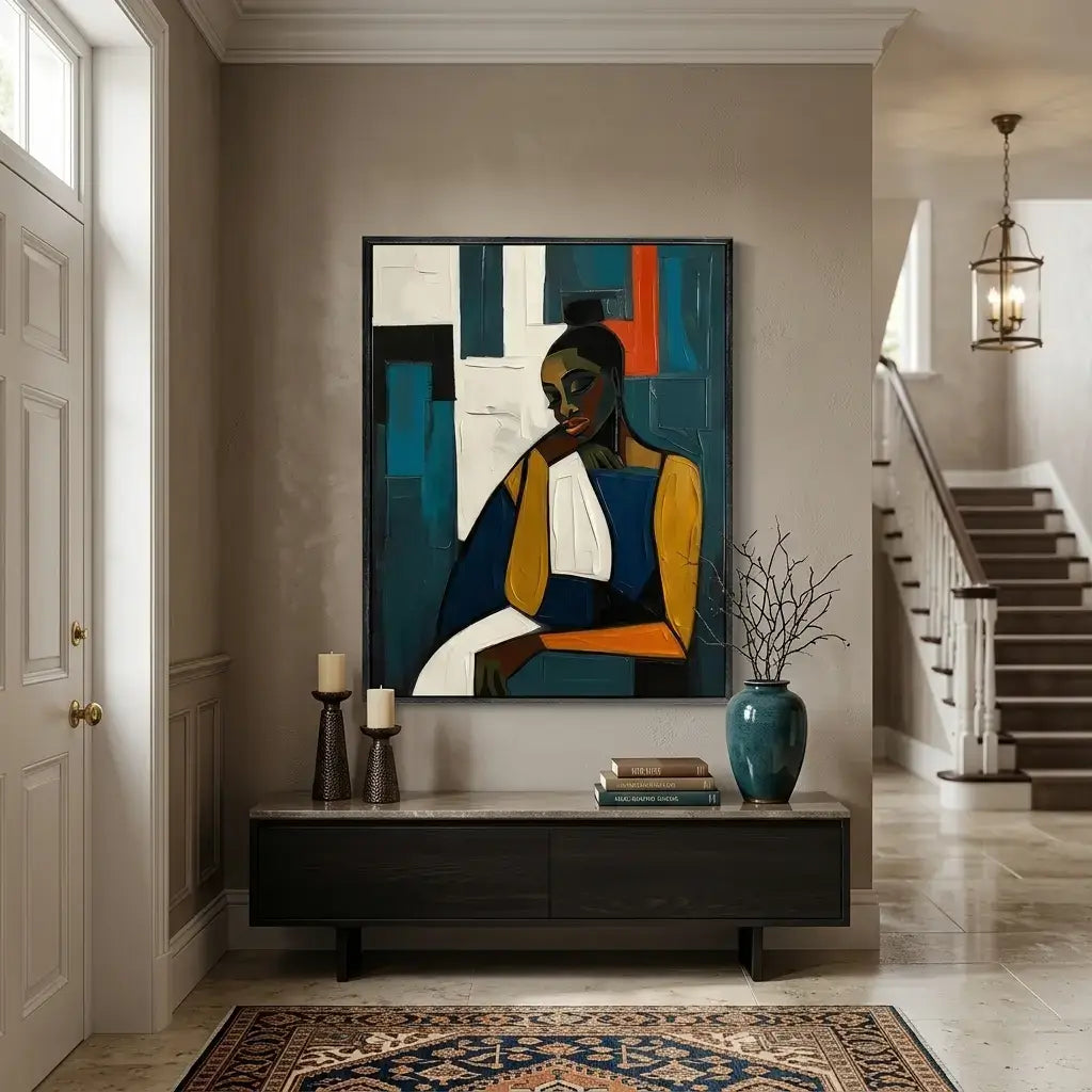 Framed abstract painting of a woman in a modern interior setting with a staircase and decor elements.