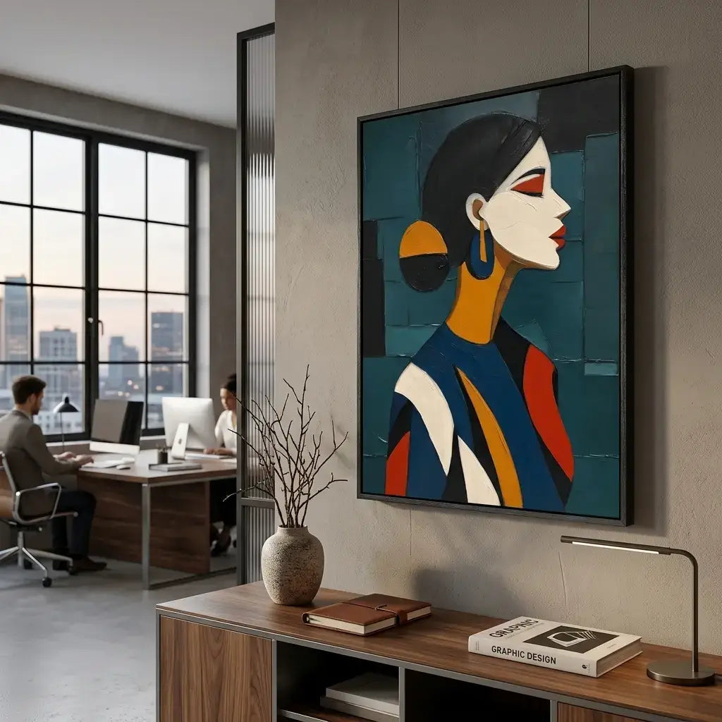 Modern office with a colorful abstract painting of a woman&