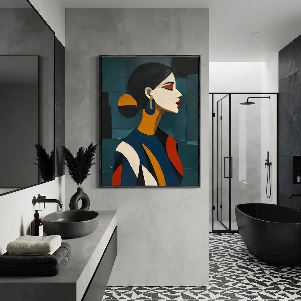 Modern bathroom with a colorful abstract painting of a woman on the wall.