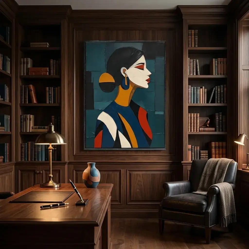 Decorative interior with a painting of a woman on a wall above a desk and chair.