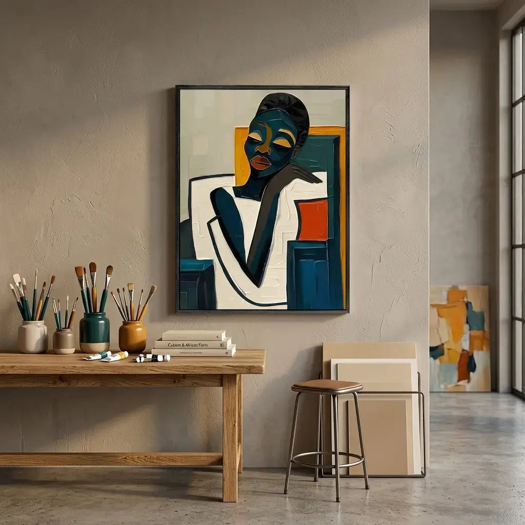 Artistic interior setting with a painting of a stylized figure on a wall, a wooden table with art supplies, and a chair.