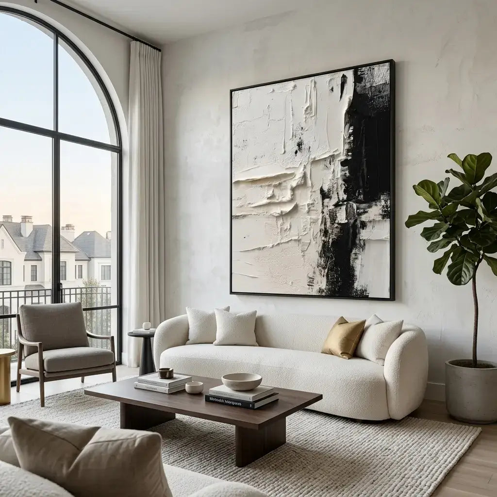 Modern living room with a white sofa, coffee table, and abstract art on the wall.