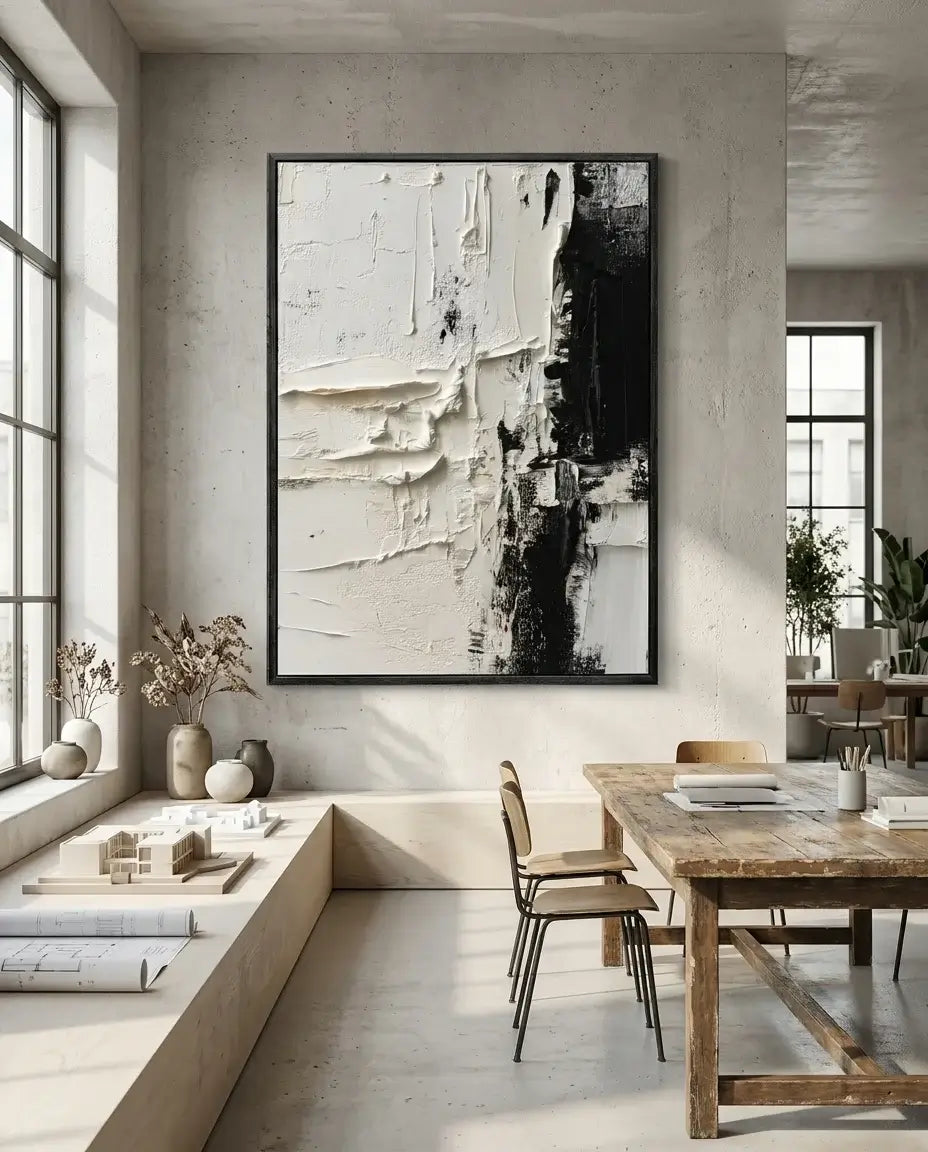 Modern interior with abstract art on the wall, wooden dining table, and chairs.