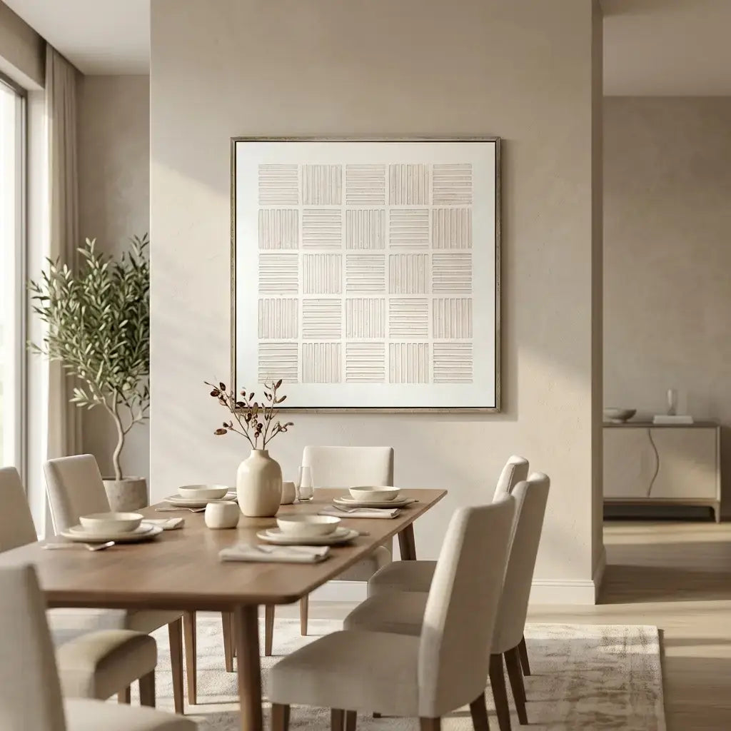 Modern dining room with wooden table, chairs, and decorative elements.