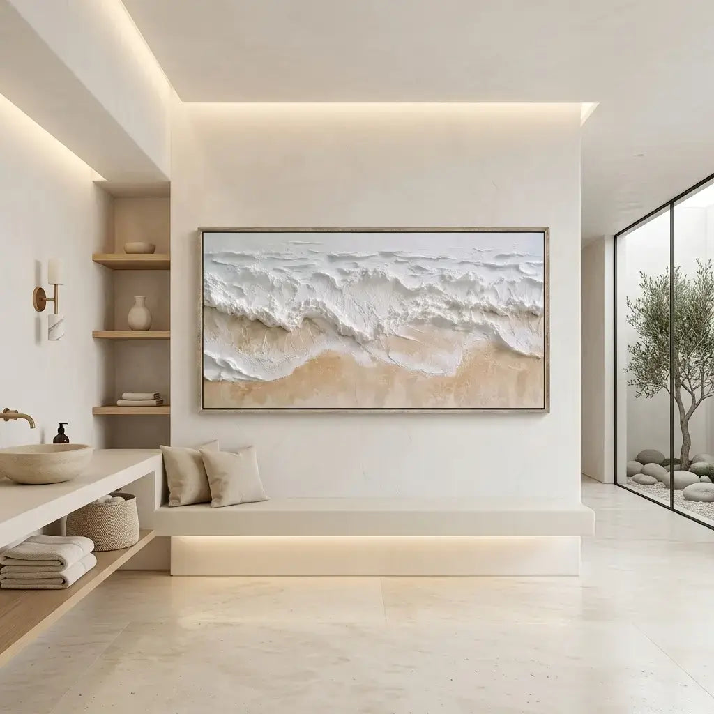Modern bathroom interior with a large framed artwork of waves on the wall.
