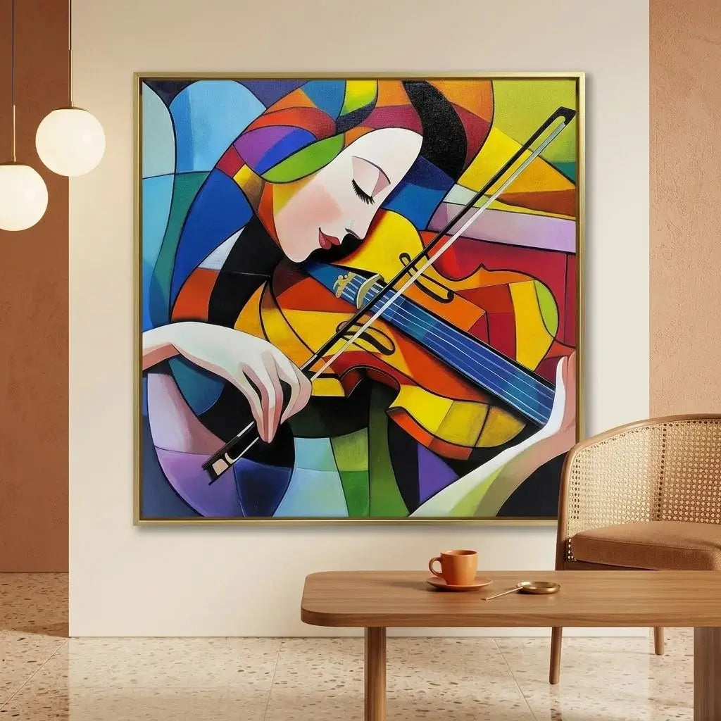 Colorful abstract painting of a woman playing the violin on a wall.