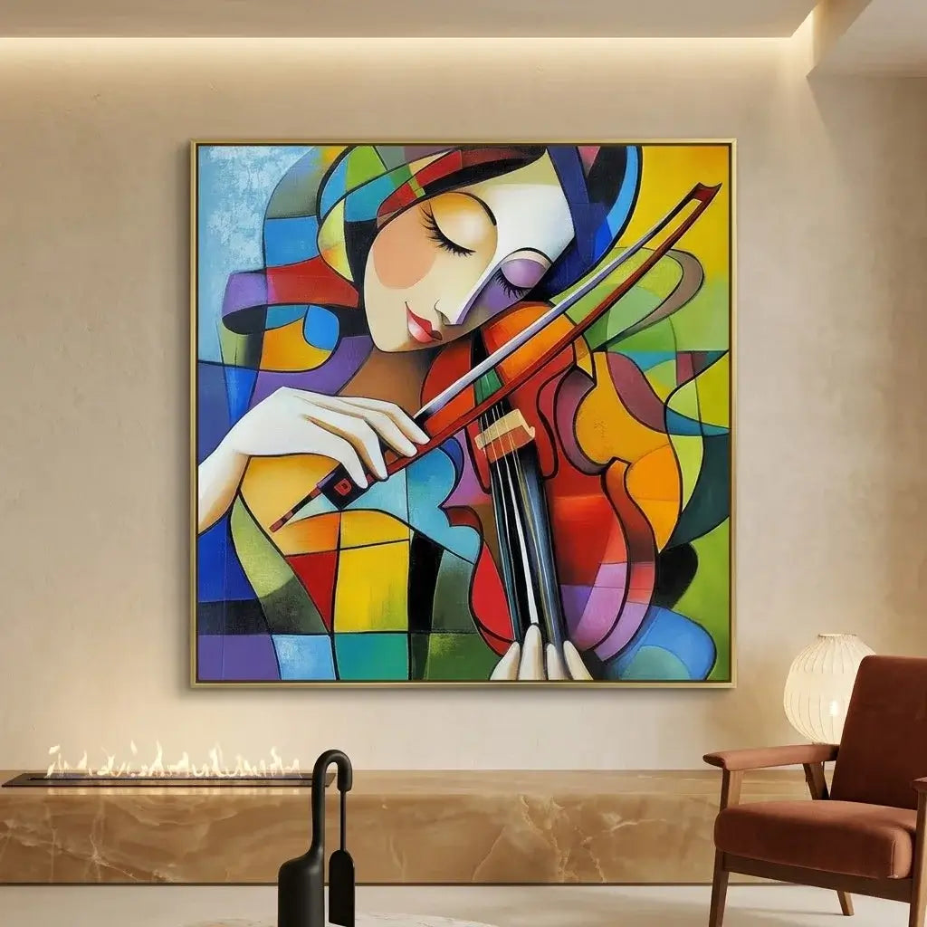 Colorful abstract painting of a woman playing a violin above a blue sofa with yellow cushions in a living room.