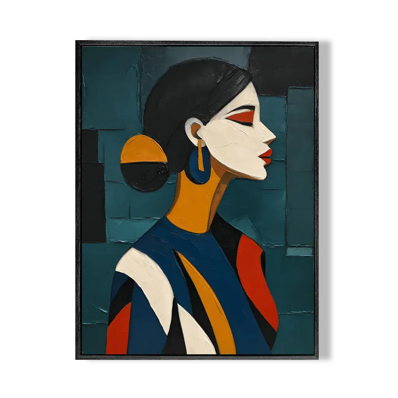 Abstract art painting of a woman with geometric shapes on a textured background