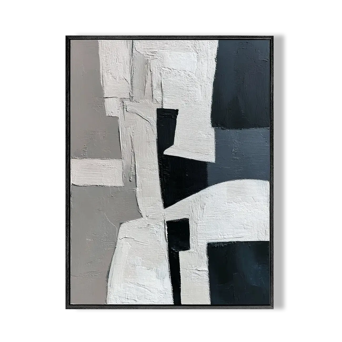 Abstract art piece with geometric shapes in black, white, and gray on a white background