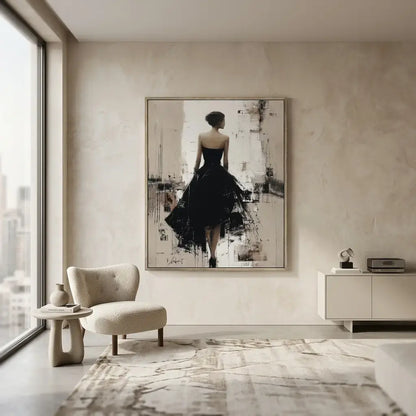 Modern interior with a large abstract painting of a woman in a black dress on a wall.