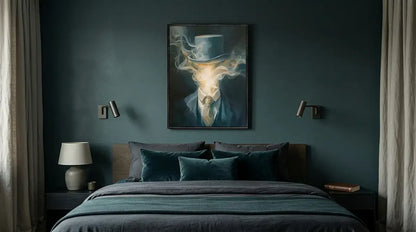 Dark-themed bedroom with a bed, lamp, and wall art.