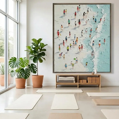Modern living room with a large wall art piece, plants, and yoga mats.