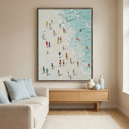Living room with a beach scene painting above a wooden console table.