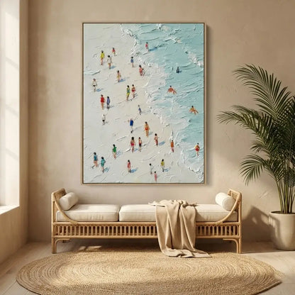 Beach scene painting on a wall above a wooden bench with cushions.