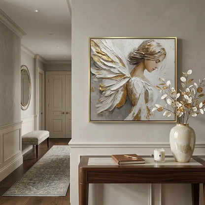Decorative painting of a woman with wings on a wall in a stylish interior setting.