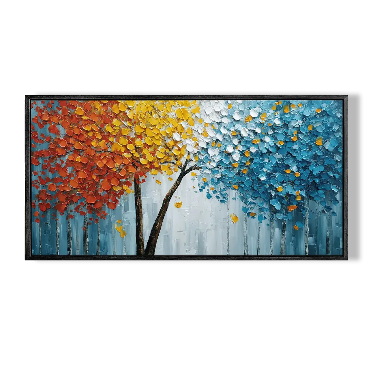Framed abstract painting of trees with autumn colors on a white background