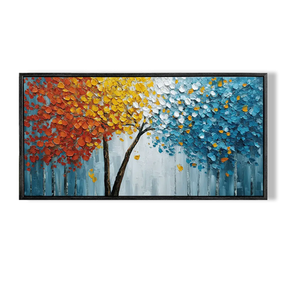 Framed abstract painting of trees with autumn colors on a white background