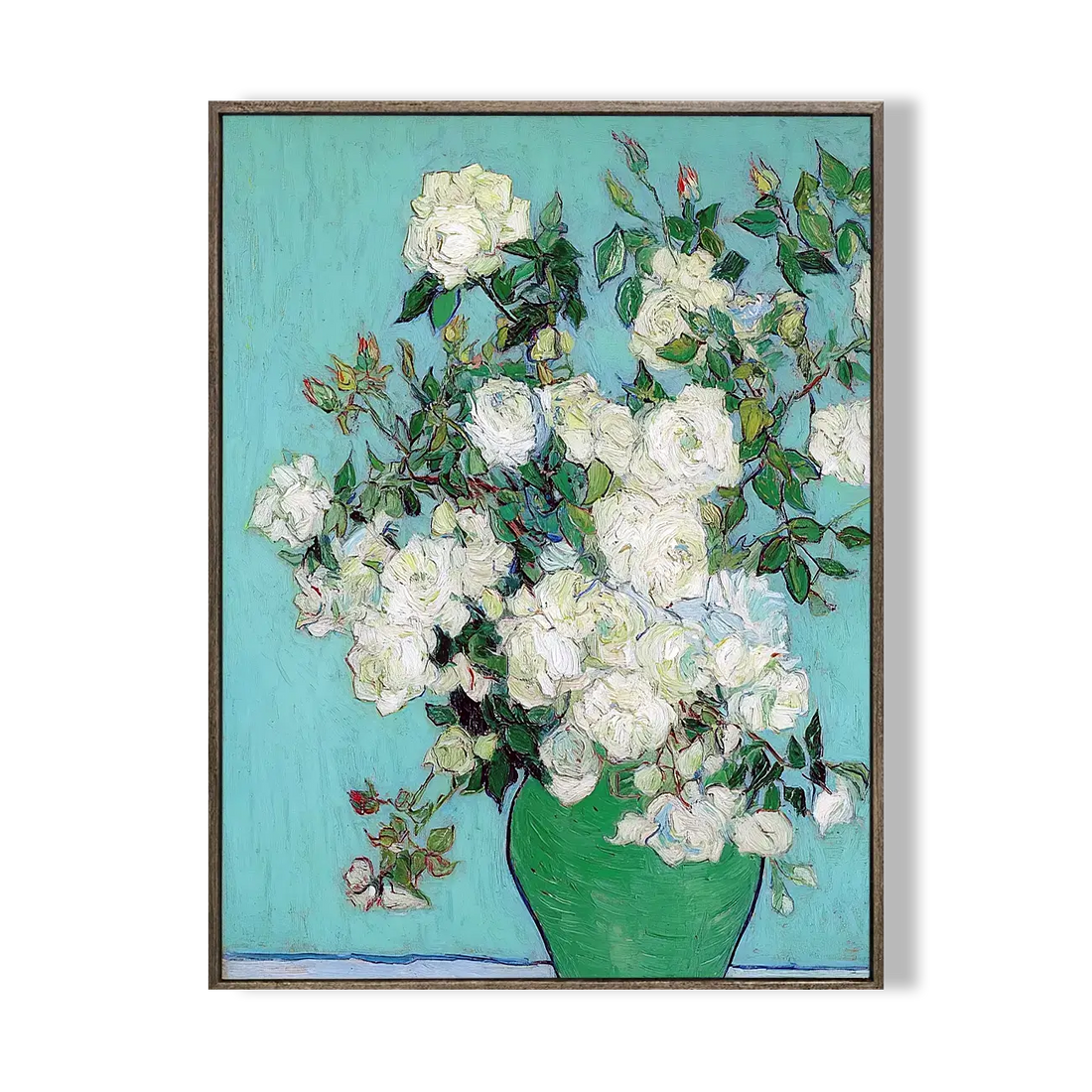 Framed artwork of a bouquet of white flowers in a green vase on a blue background