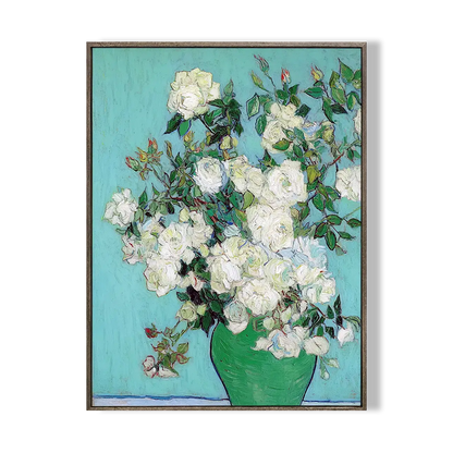 Framed artwork of a bouquet of white flowers in a green vase on a blue background