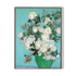 Framed artwork of a bouquet of white flowers in a green vase on a blue background