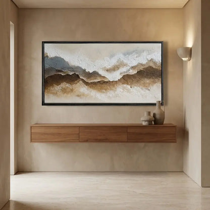 Modern living room with a wooden TV stand and abstract wall art.