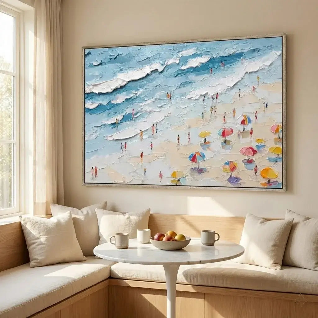Living room with a large beach scene painting on the wall above a sofa.