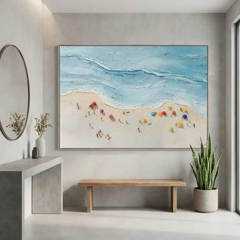 Modern interior with a large abstract painting of a beach scene, a wooden bench, and a plant.