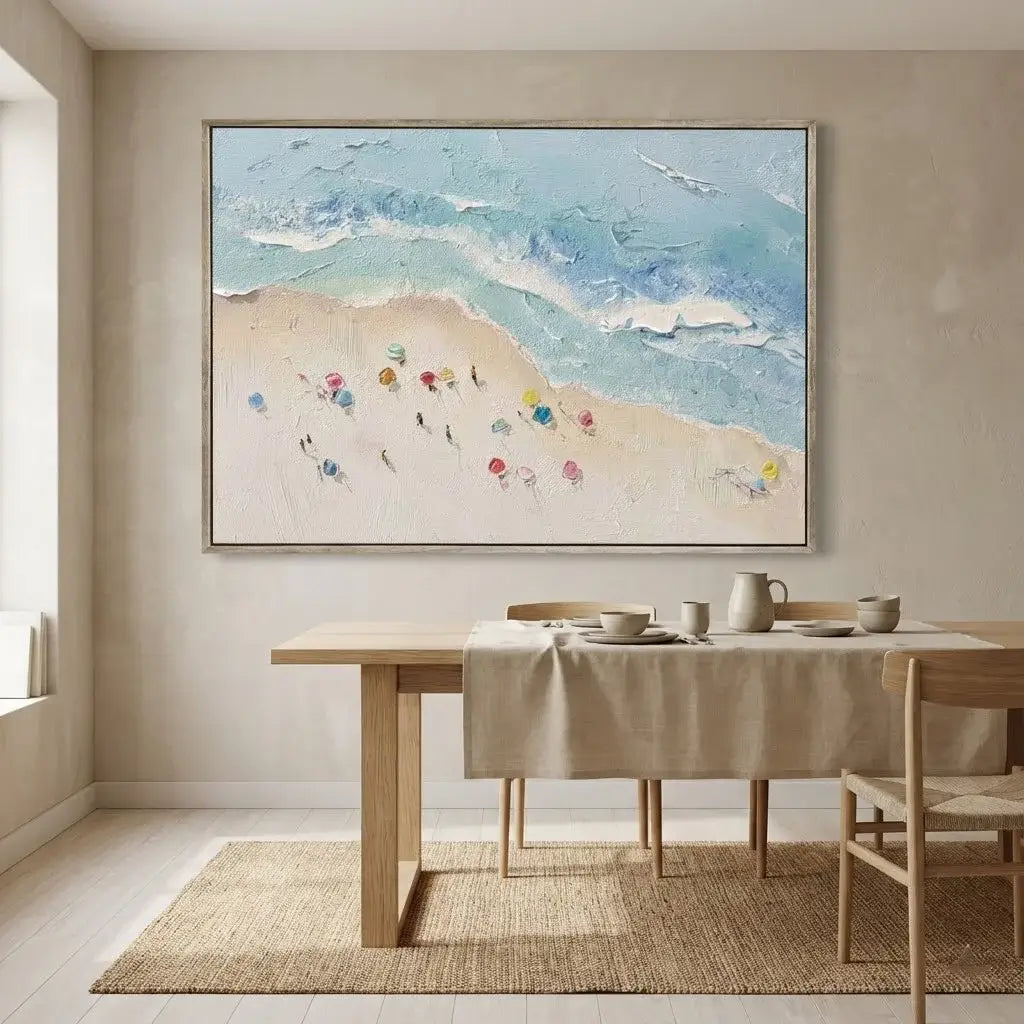 Dining room with a large abstract painting on the wall above a table set for a meal.