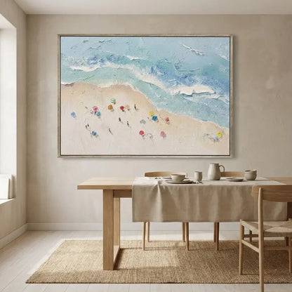 Dining room with a large abstract painting on the wall above a table set for a meal.