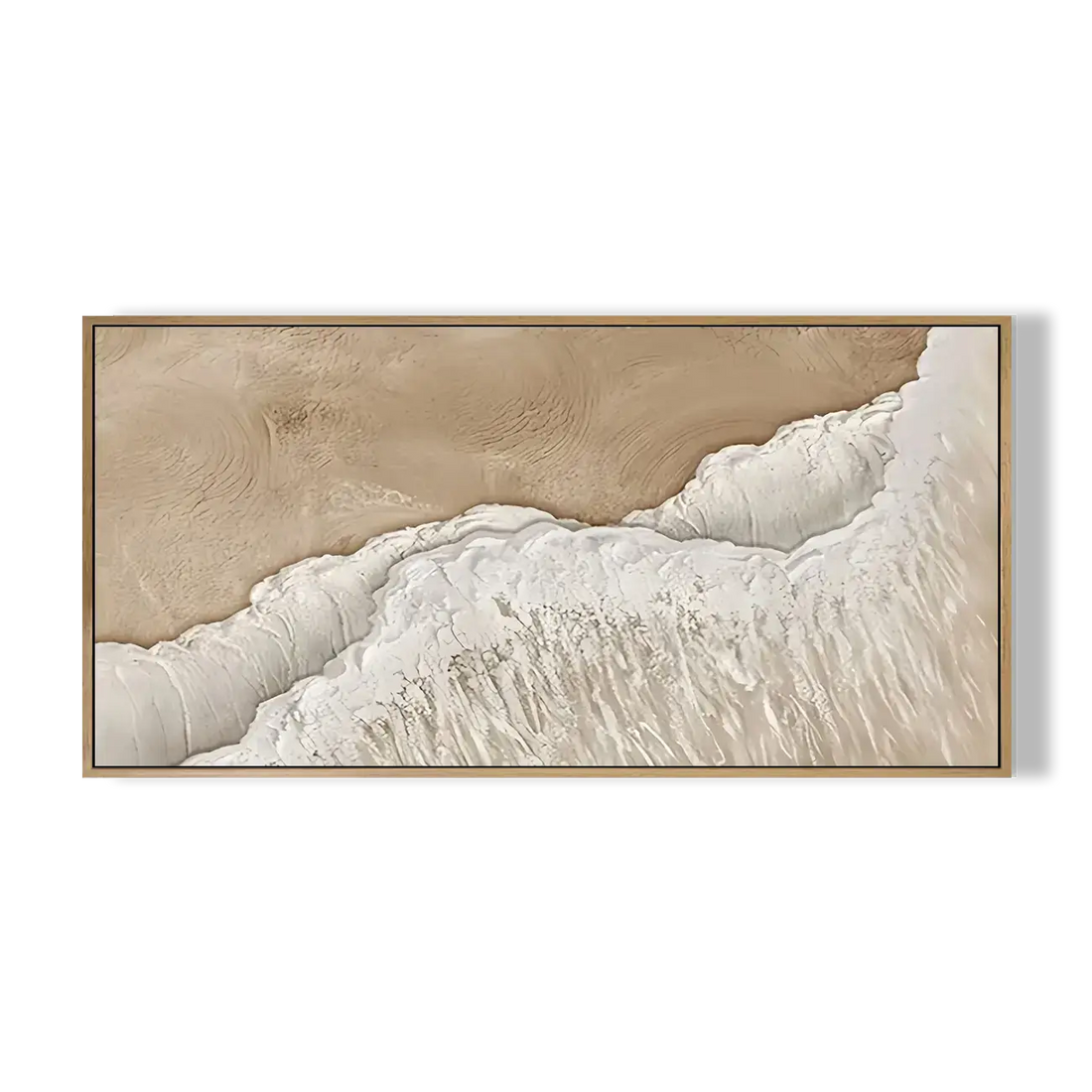 Framed artwork of a mountain landscape with a beige and white color scheme on a white background.