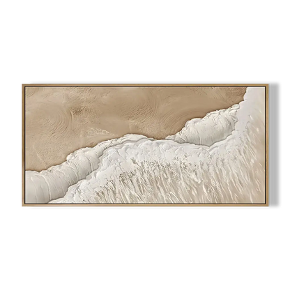 Framed artwork of a mountain landscape with a beige and white color scheme on a white background.
