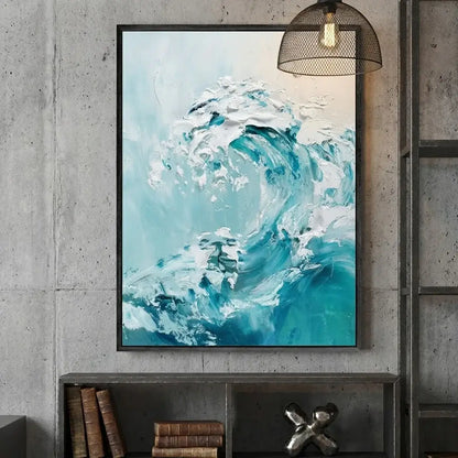 Framed abstract painting of a wave on a concrete wall with a shelf below.