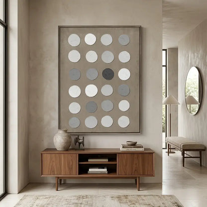 Modern living room with wooden console table, decorative wall art, and a bench.