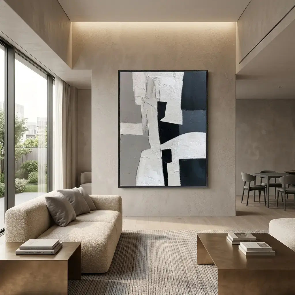Modern living room with abstract art on the wall