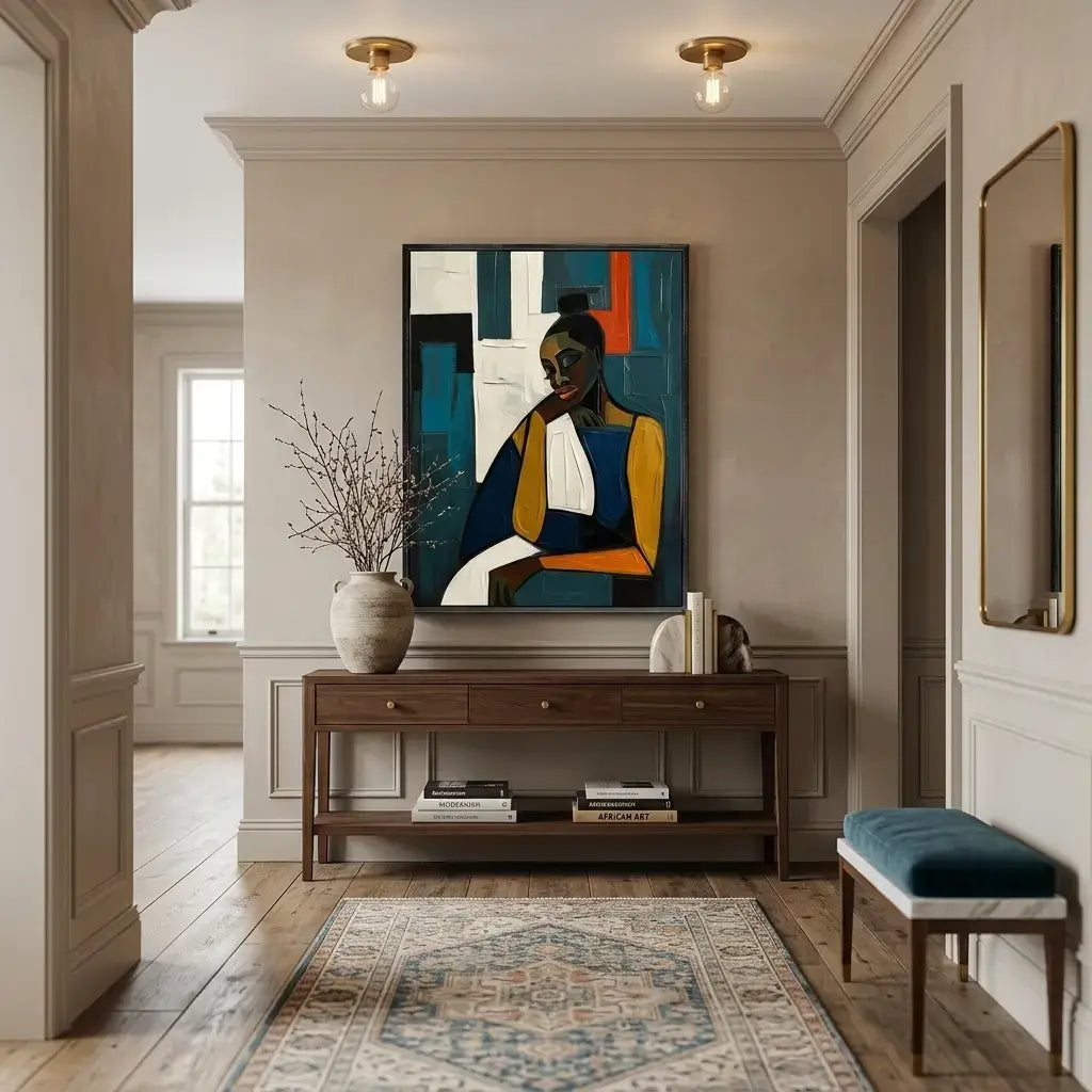 Modern interior hallway with a painting, console table, and bench.