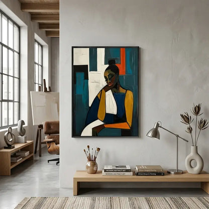 Modern interior with abstract painting of a woman on the wall, books, and decorative items.