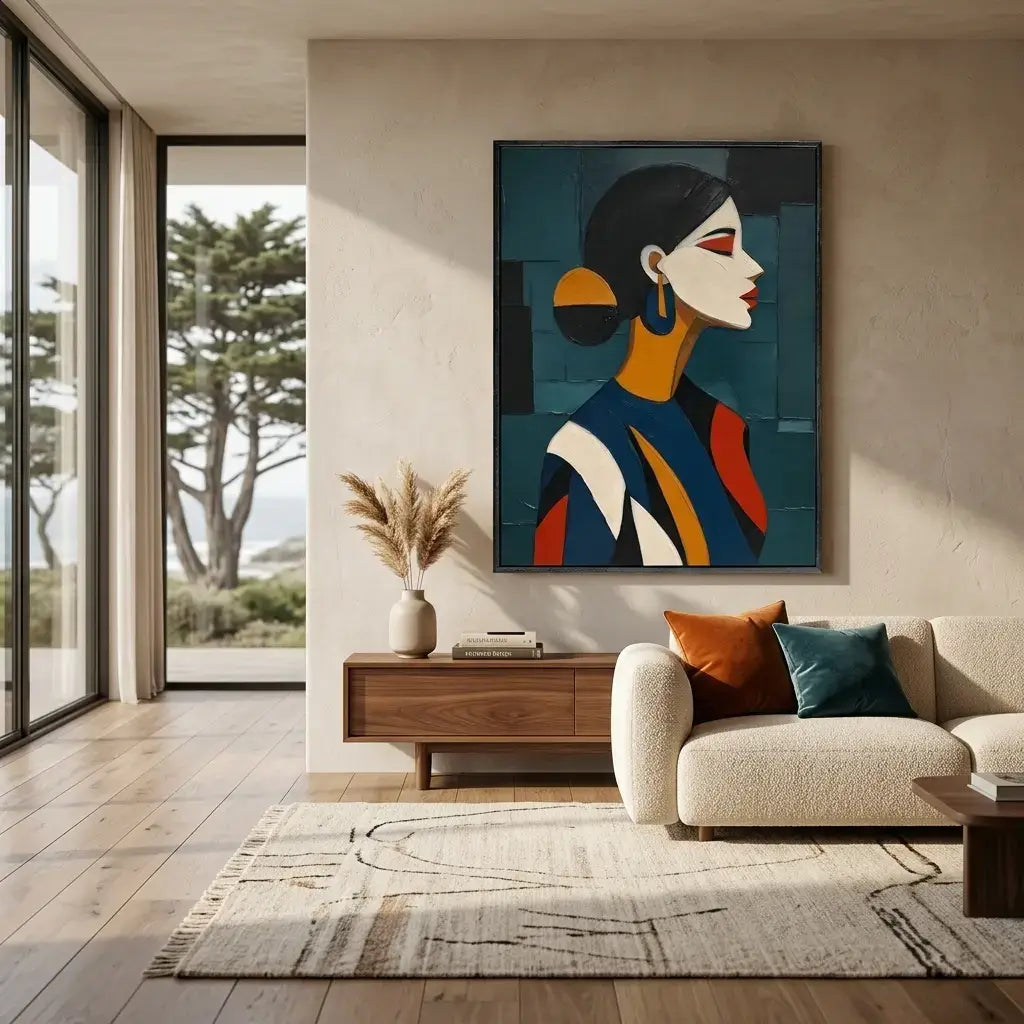 Modern living room with a colorful abstract painting of a woman&
