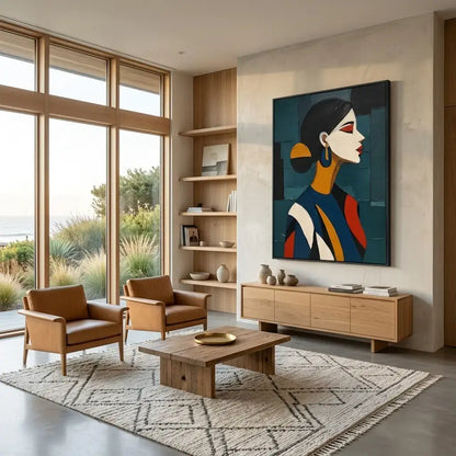 Modern living room with wooden furniture, a large painting, and a view of the outdoors.