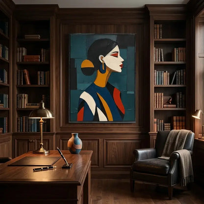 Decorative interior with a painting of a woman on a wall above a desk and chair.
