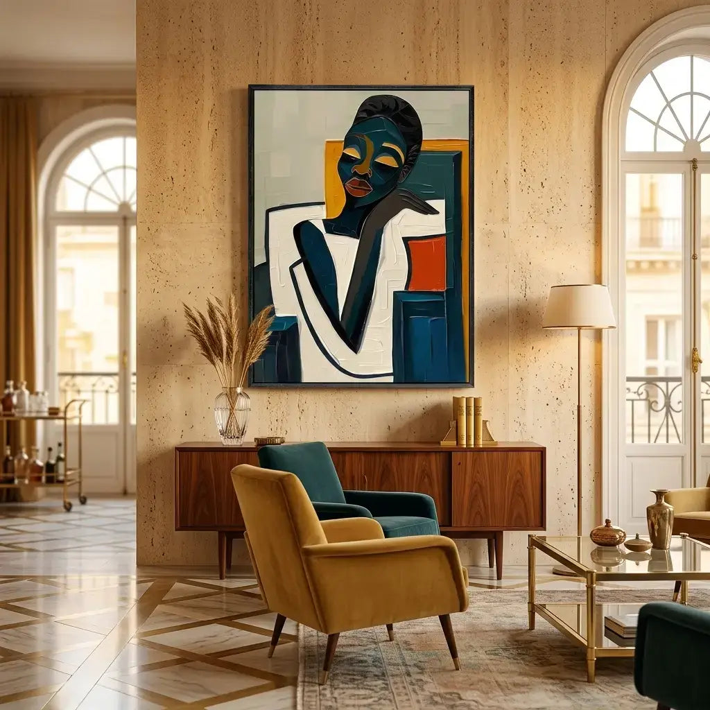 Modern living room with abstract art on the wall, furniture, and decor.