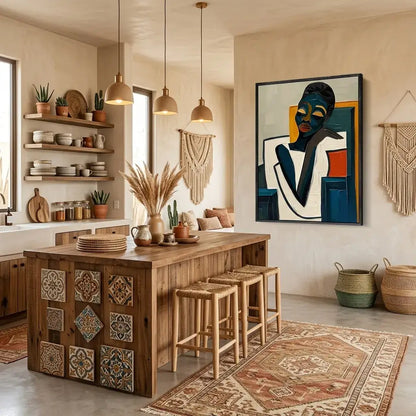 Modern kitchen with wooden island, stools, and decorative wall art.