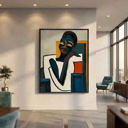 Abstract painting of a face in a modern living room