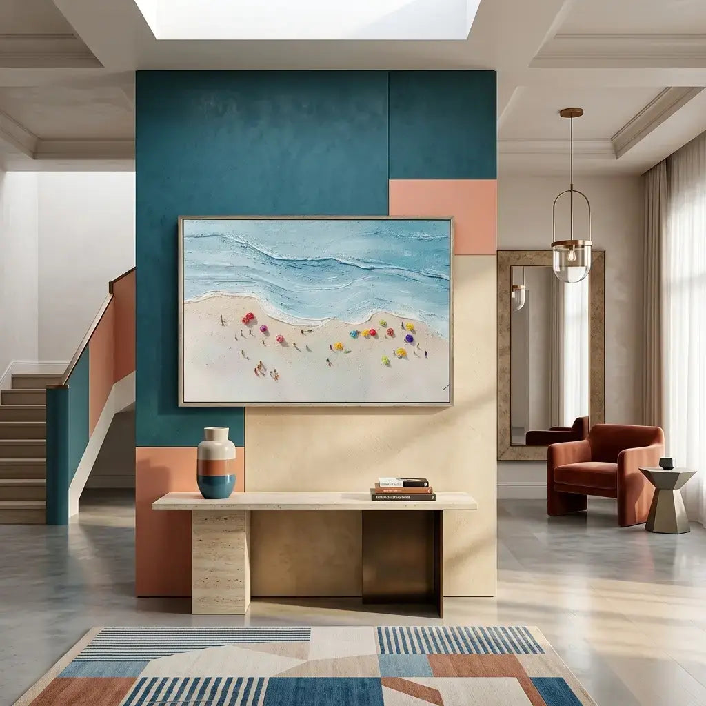 Modern interior with a colorful abstract painting on a wall, a vase on a table, and a chair.