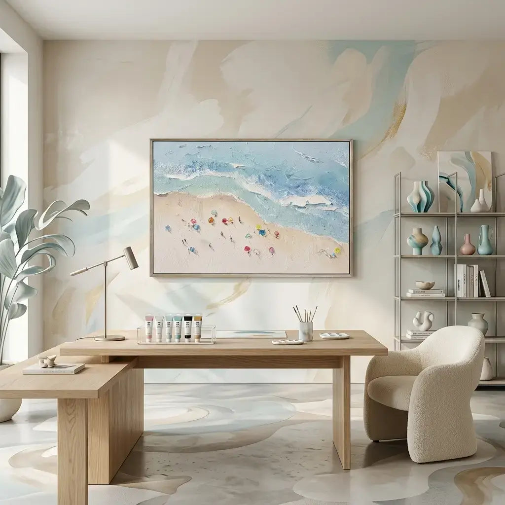 Modern office interior with a desk, chair, and wall art