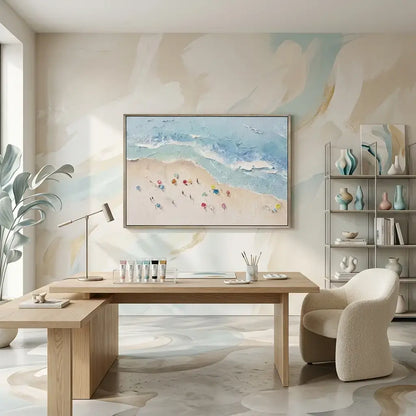 Modern office interior with a desk, chair, and wall art