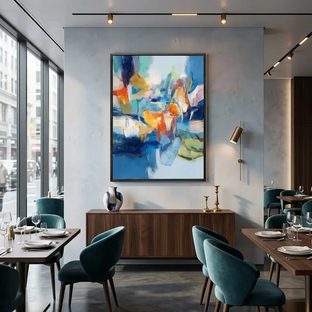 Modern interior with abstract art on the wall, tables, and chairs.