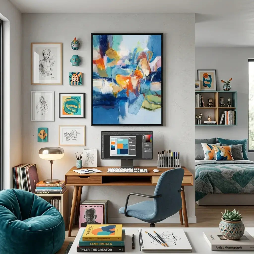 Modern bedroom with a desk, chair, and colorful artwork on the wall.