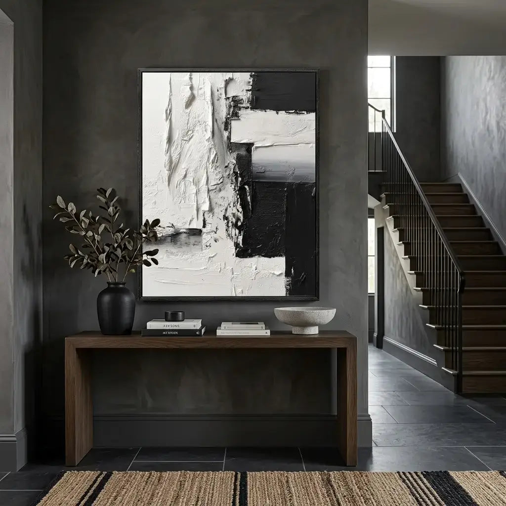 Modern interior with a wooden console table, decorative items, and a large framed black and white abstract art piece.