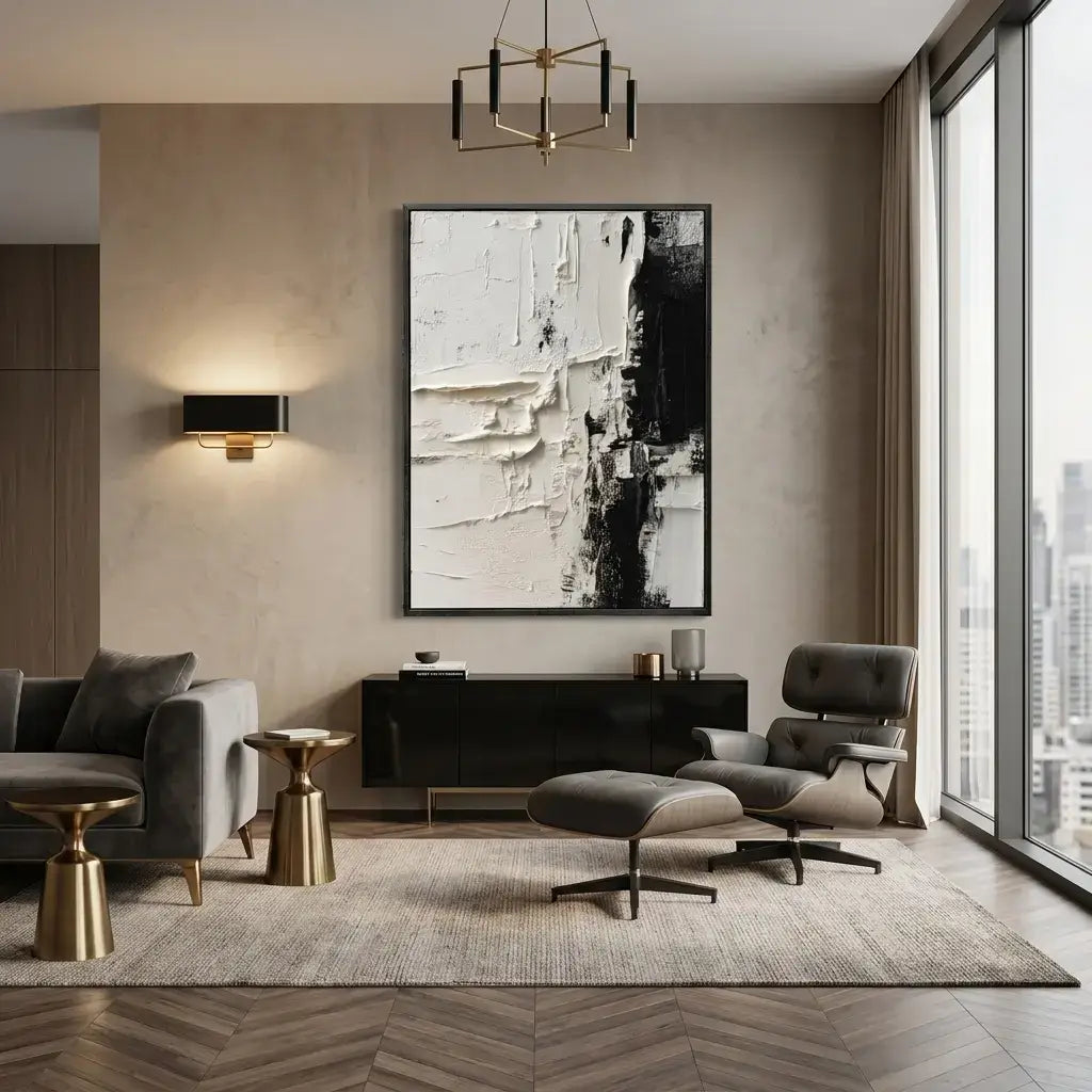 Modern living room with gray sofa, ottoman, and coffee table with abstract art on the wall.